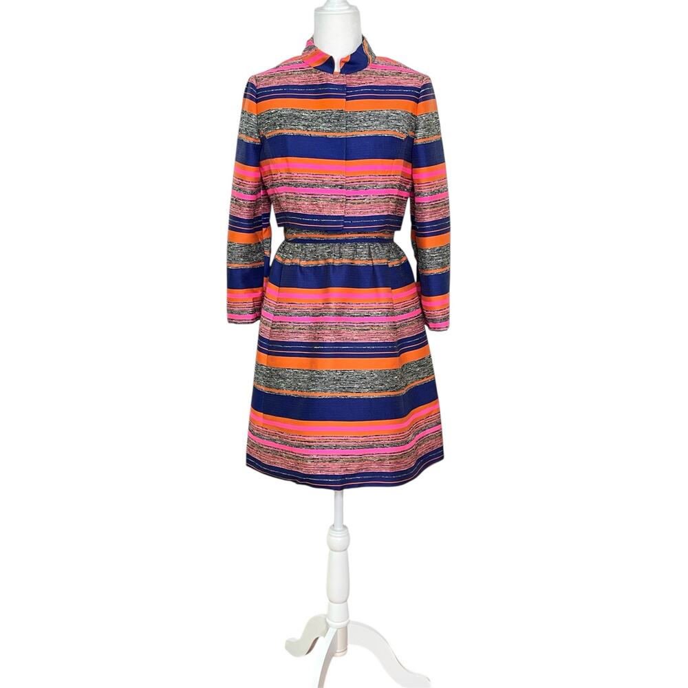 Vintage Sandra Sage 1960s Pink Multicolored Striped 2 Piece Dress and Jacket Set